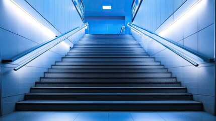 Blue-lit concrete stairs with chrome handrails