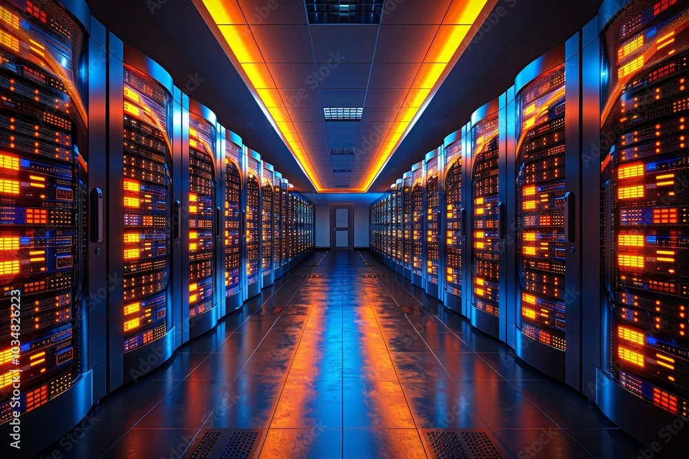 Poster the corridor of a modern data center is lit by bright fluorescent lights, creating a striking visual