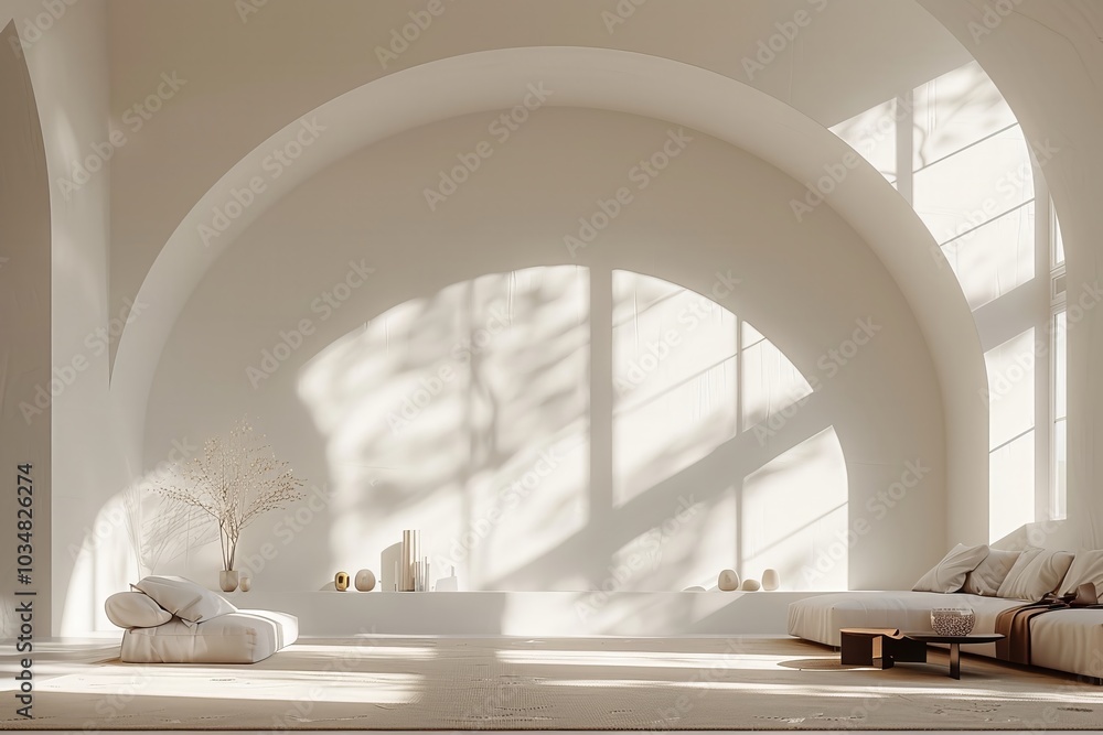 Poster a tranquil interior features soft, curved architecture and neutral tones, enhanced by warm sunlight 