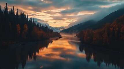 Fototapeta premium sun sets over a calm lake, while the sunrise brings a soft glow to the water, surrounded by mountains, trees, and clouds reflecting in the peaceful autumn landscape