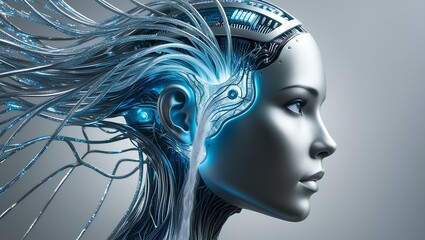 A highly detailed robotic AI head emits a blue glow while processing data. Floating holograms show code and symbols, set against a dark background for contrast.