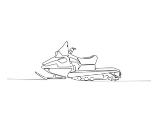 Continuous one line drawing of snowmobile vehicle. Snowbike line art vector illustration. Editable vector.