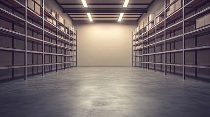 Empty Warehouse Interior with Metal Shelving and Concrete Floor