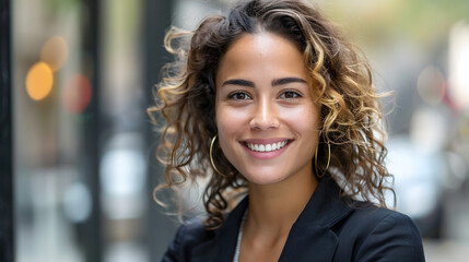 Young smiling Hispanic businesswoman making handshake with partner in the city for greeting, dealing, merger and acquisition concepts