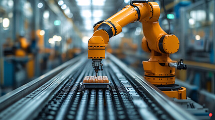 Mechanical precision in action an arm efficiently assembling products, each glowing jar passing by on a long metal conveyor