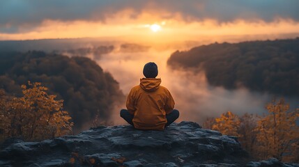 Obraz premium A man in a yellow jacket sits in a meditative pose on a cliff overlooking a valley filled with fog and a sunrise.