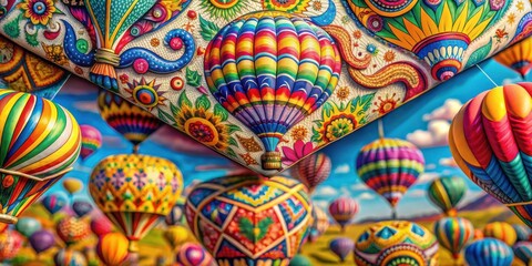 A vibrant tapestry of intricately designed hot air balloons, each a kaleidoscope of color and pattern, floats against a backdrop of soft, hazy clouds, creating a surreal and whimsical atmosphere.