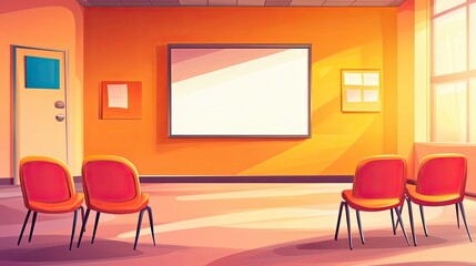 Empty Room with Red Chairs and a Blank Whiteboard