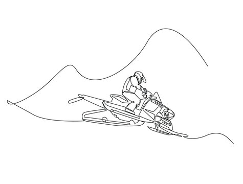 recommend clip art: Continuous one line drawing of rider snowmobile extreme sport. Man riding snow scooter line art vector illustration. Editable vector.