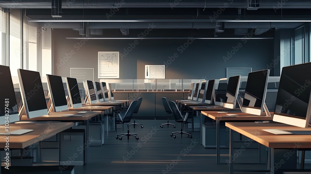Poster empty modern office with rows of computer workstations