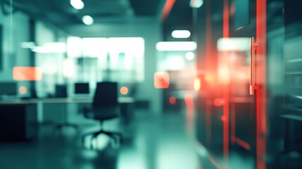 Blurred view of a modern office space with a red light reflecting on the glass wall.