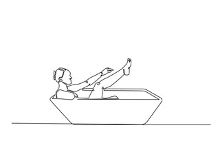 Continuous one line drawing of lady relaxing in the bath. Beautiful lady in the bathtub line art vector illustration. Editable vector.