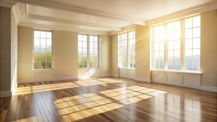 Obraz premium Sunlight streaming through large windows illuminates an empty room with hardwood floors and white trim