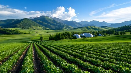 Picturesque countryside scene with rows of thriving seasonal crops and an advanced irrigation system keeping the fields lush and green
