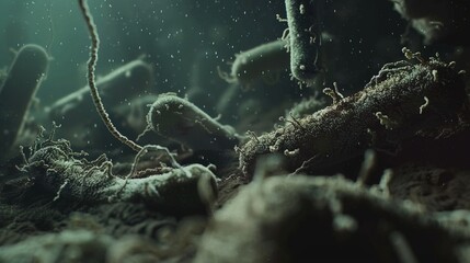 Fototapeta premium Ancient microbes under microscope reveal intricate cellular structures, showcasing their mysterious and ancient nature, ideal for scientific and educational content.