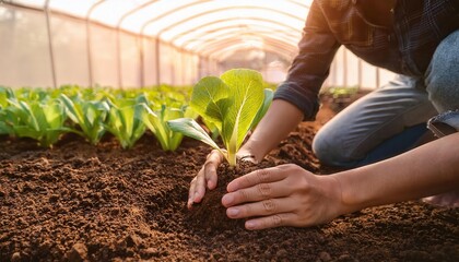 Person planting a young seedling in rich soil inside a greenhouse.