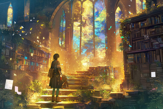 Fantasy Library with a Girl - Powered by Adobe