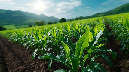 Naklejka premium Vibrant rural farm with rows of lush green crops growing under the warm sun nourished by modern irrigation systems that ensure a bountiful harvest