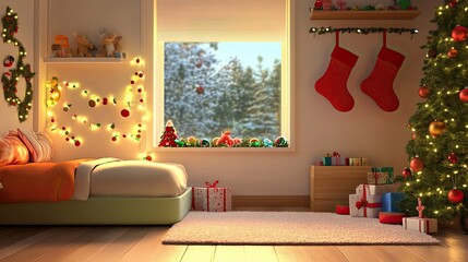 A cozy bedroom decorated for Christmas with a decorated Christmas tree, gifts, and a bed with pillows and blankets.