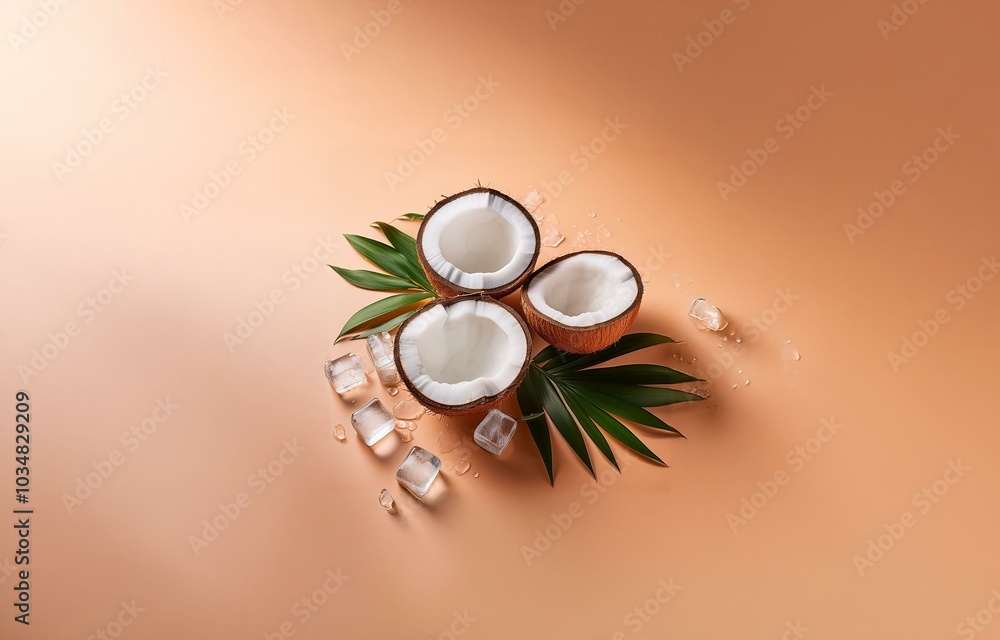 Poster three halved coconuts with palm leaves and ice cubes on a peach background.