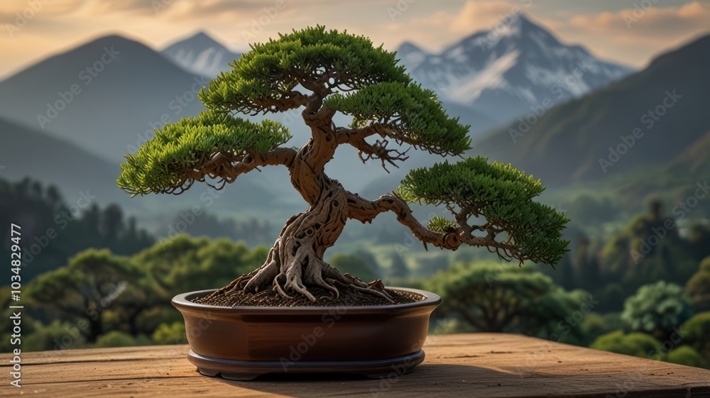 Poster a bonsai tree with intricate branches and roots sits on a wooden table in front of a stunning mounta