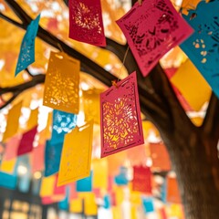 Colorful papel picado decorations hanging from a tree in a vibrant setting.