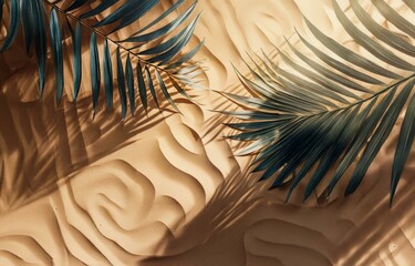 Palm leaves and their shadows cast on a sandy surface.