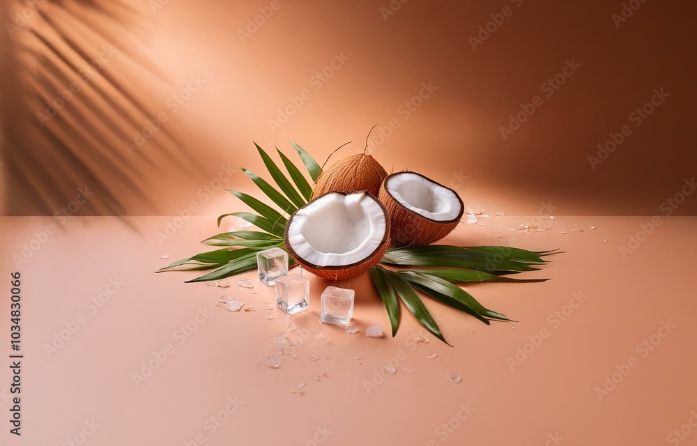 Poster Two coconuts cracked open with a palm frond and ice cubes on a peach colored background.