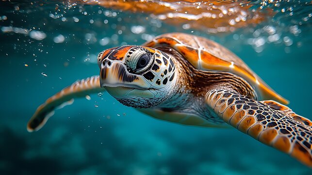A sea turtle swims through clear, blue water with its head above the surface.