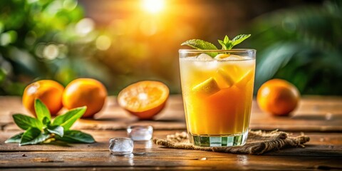 Fototapeta premium A refreshing citrus cocktail with ice cubes and a sprig of mint, garnished with a slice of orange, and resting on a rustic wooden table.
