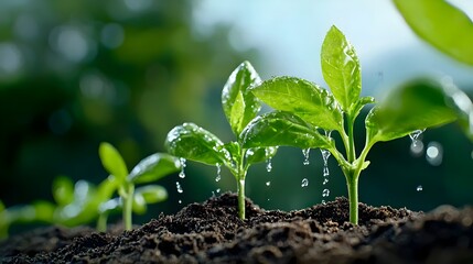 Close up view of healthy lush green plants growing in nutrient rich soil nourished by a dripping irrigation system in a thriving sustainable garden landscape  The image showcases the vibrant