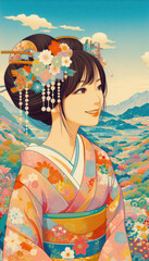 Fototapeta premium 浮世絵（Ukiyoe）／着物を着た美人画 イラスト