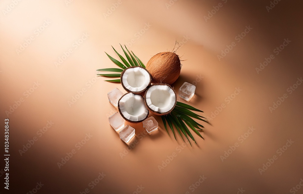 Poster coconuts and palm leaves on a tan background with ice cubes.