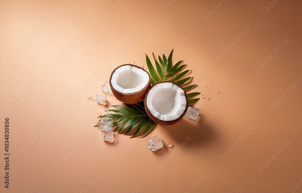 Poster two halved coconuts rest on a light peach background with green palm leaves and ice cubes scattered 