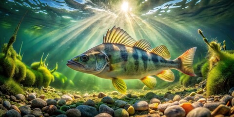 A sunbeam pierces through the water illuminating a fish swimming over a bed of smooth stones and aquatic plants