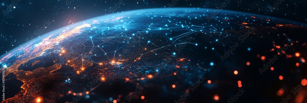 Poster glowing earth with data connections - abstract global connectivity concept in vibrant blue tones on 