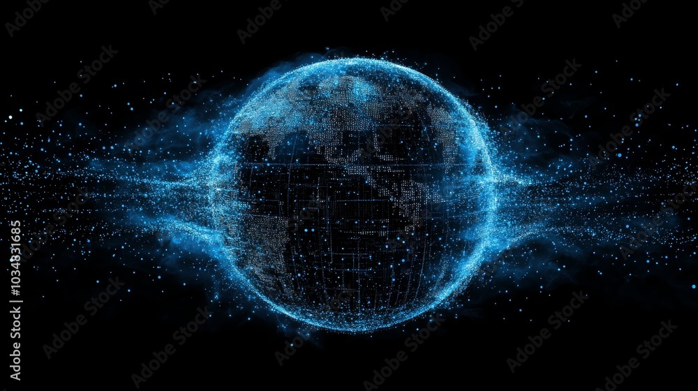 Poster global internet connectivity concept with blue particle waves on dark background - futuristic abstra
