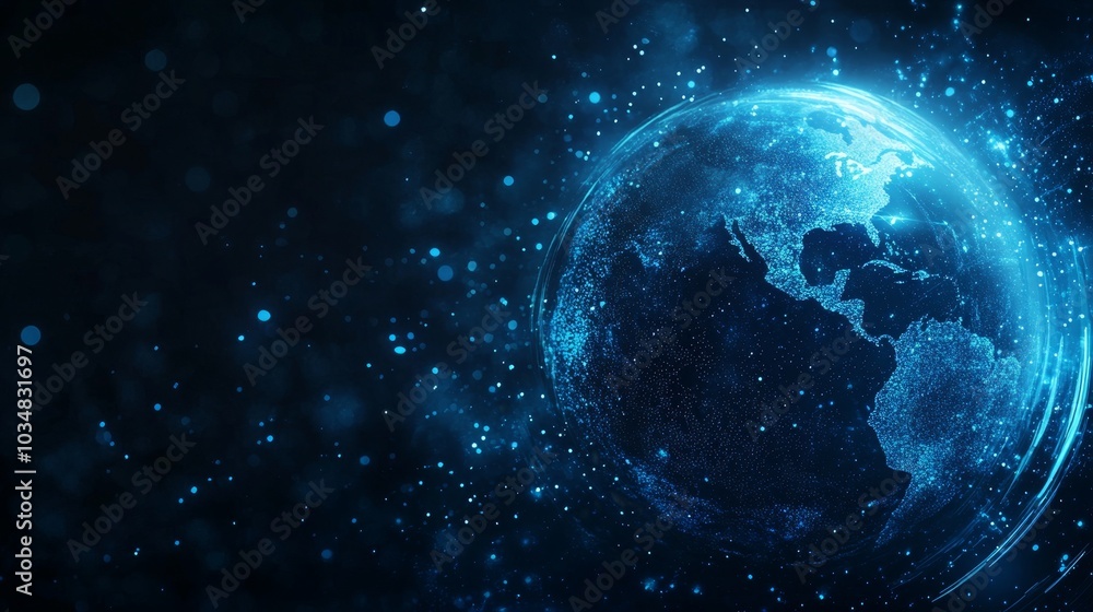 Poster global internet connectivity concept with blue particle waves on dark background - futuristic abstra
