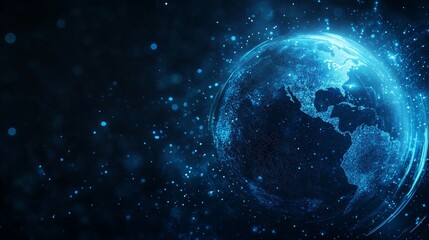 Fototapeta premium Global Internet Connectivity Concept with Blue Particle Waves on Dark Background - Futuristic Abstract Design for Business and Technology Themes. Copy Space Available.