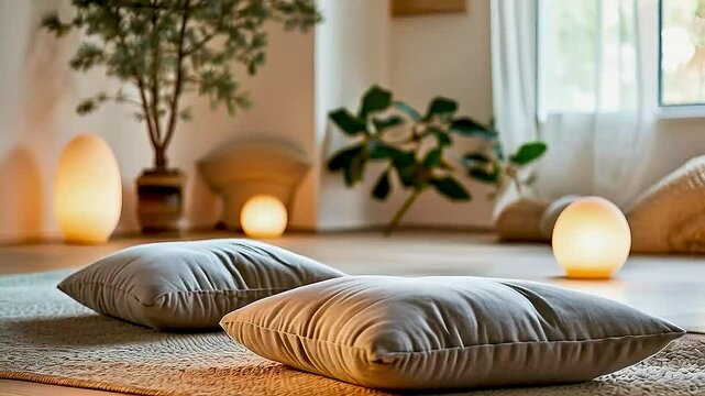 Two cushions  are placed on  the floor , with  a lamp  and  a potted plant  in the background.