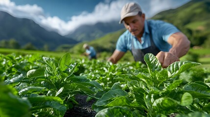 Rows of lush healthy crops thriving in an eco friendly farm watered by an advanced and efficient irrigation system with hardworking farmers tending to the land in the background