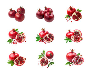 Pomegranate fruit with seeds and leaves on a transparent background