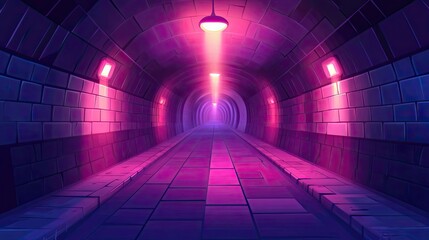 Fototapeta premium A brightly lit pink and purple tunnel with tile walls and a path