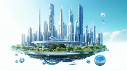Futuristic city with skyscrapers floating on a platform with greenery and flying vehicles against a blue sky. - Powered by Adobe