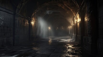 Fototapeta premium A Dark and Mysterious Stone-Walled Tunnel with Cobblestones and Lanterns