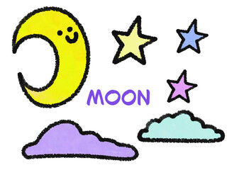 クレヨンで描いた月と星の手書きイラスト