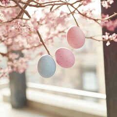 Colorful Easter eggs hanging on a cherry blossom branch.