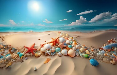 Beach scene with blue sky, sun, clouds, and waves, sandy beach with starfish and seashells.