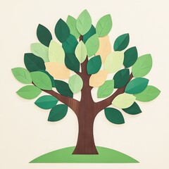 A colorful paper tree with various shades of green leaves on a simple background.