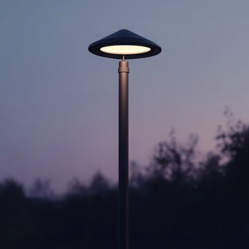 A street light is lit up in the evening